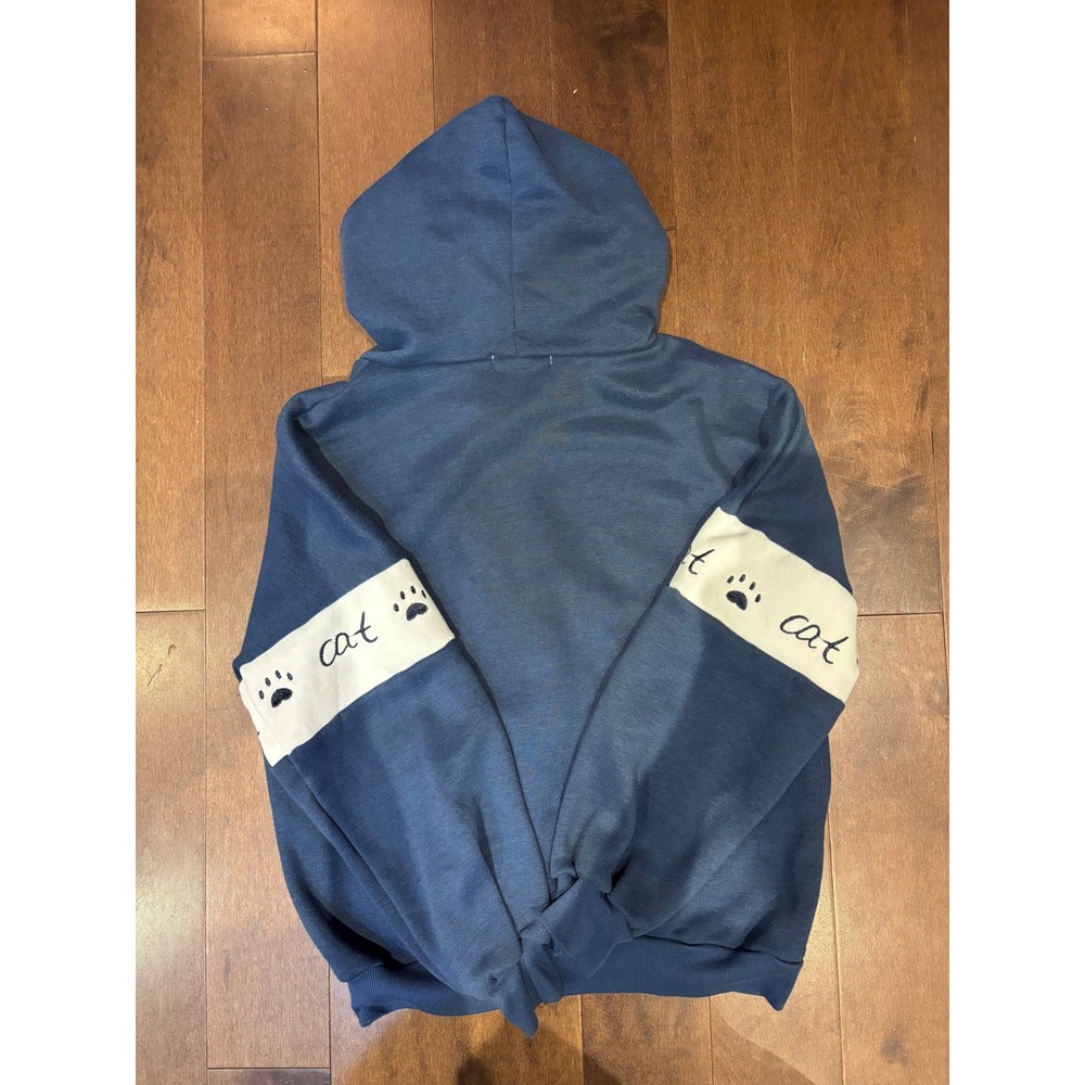 Cat Graphic Colorblock Hoodie Slate Blue Cream Pullover Sweatshirt Paw Prints - Picture 3 of 3